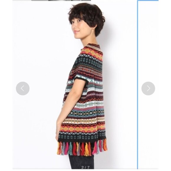 Carolina K Alpaca Wool Fringe Poncho Sweater Multicolor Geometric Medium Boho - Picture 13 of 14